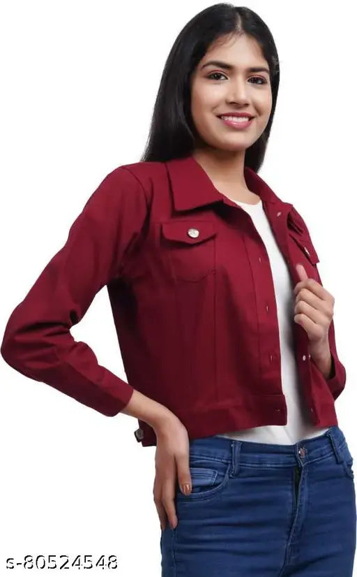 Maroon cotton blend denim jacket for women and girls, solid color with three-quarter sleeves on hanger