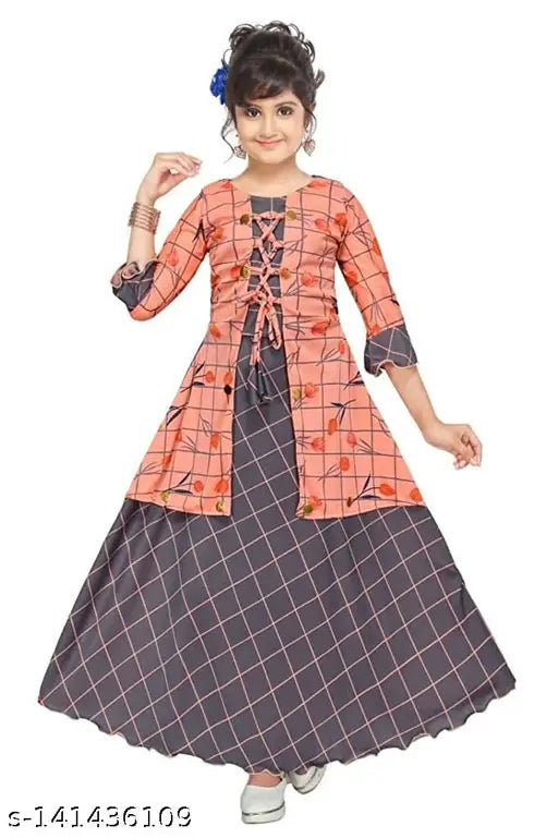 Yellow Sarin fabric fit & flare maxi dress for girls, three-quarter sleeves, printed net design. Fine quality rayon material, perfect for parties and special occasions like Diwali or weddings