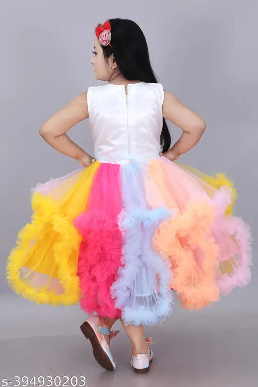 Colorblocked net kid's festive party dress, sleeveless, vibrant design, suitable for India celebrations (2-3Y, 3-4Y, 5-6Y, 6-7Y, 7-8Y, 8-9Y, 9-10Y)