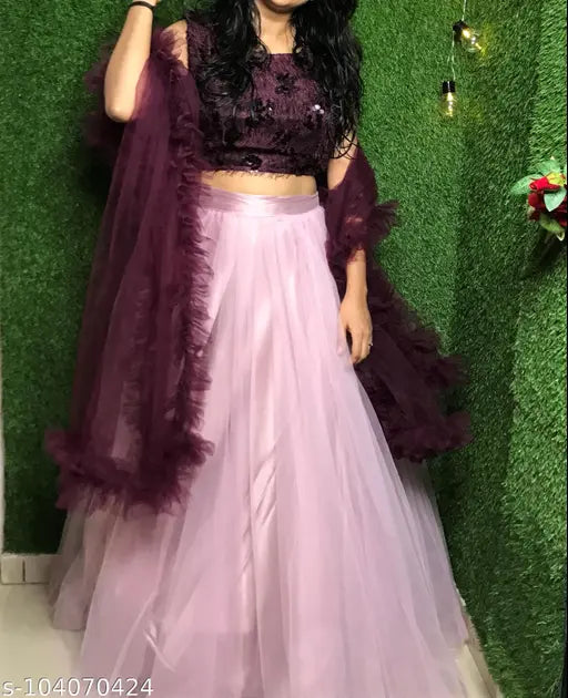 Acrylic net lehenga choli with ruffled dupatta for women and girls, latest Indian fusion wear from India