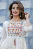 White rayon embroidered yoke long layered anarkali kurti, multi-print design for girls and women