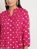 Red & White Polka Dot Print Plus Size Top in Rayon - Three-Quarter Sleeves, Mandarin Collar