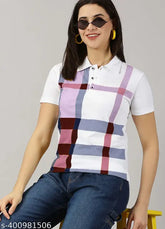Purple cotton blend checkered polo t-shirt for women, ideal summer wear