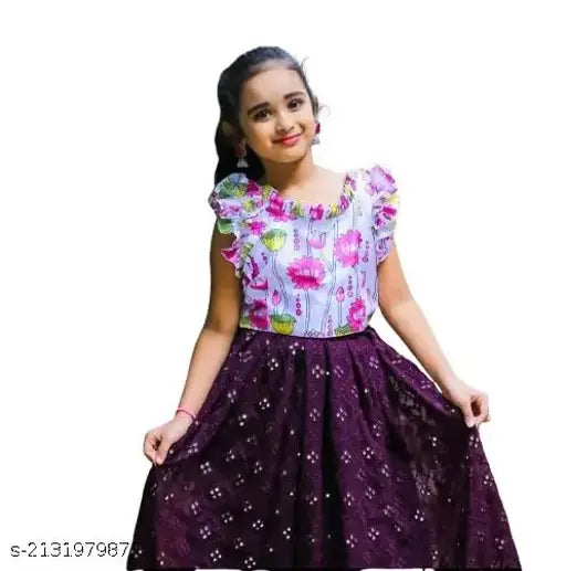 Kids baby girls classic satin lehenga choli with rayon lehenga and short sleeves, printed top and embroidered lehenga pattern, stitched and available in multiple sizes from 2-14 years