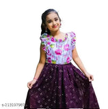 Kids baby girls classic satin lehenga choli with rayon lehenga and short sleeves, printed top and embroidered lehenga pattern, stitched and available in multiple sizes from 2-14 years