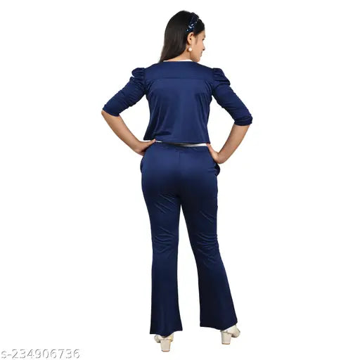 navy blue cotton blend girls casual dress set: 3-quarter sleeves jacket, printed t-shirt, palazzo pants for ages 8-13 years