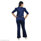 navy blue cotton blend girls casual dress set: 3-quarter sleeves jacket, printed t-shirt, palazzo pants for ages 8-13 years