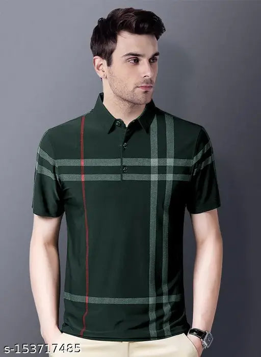Green cotton blend striped polo neck t-shirt for men - Checked pattern, short sleeves, durable stitching