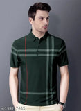 Green cotton blend striped polo neck t-shirt for men - Checked pattern, short sleeves, durable stitching