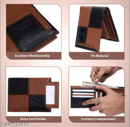 Stylish faux leather trifold wallet with ID window, coin pocket, and multi-card slots for men. Brown colorblock design, compact size (10cm x 12cm), lightweight, and perfect gift accessory