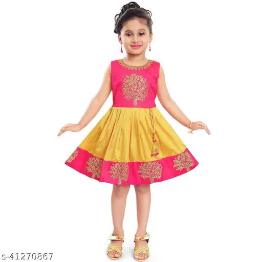 Yellow satin embroidered kids' frock, intricate floral pattern, ideal for special occasions