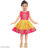 Yellow satin embroidered kids' frock, intricate floral pattern, ideal for special occasions