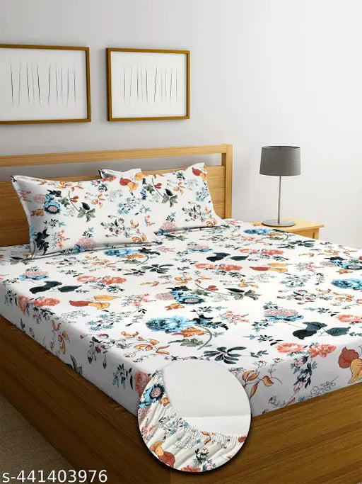 Cream cotton fitted bedsheets, floral print, superfine quality for summer - double king size