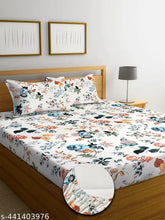 Cream cotton fitted bedsheets, floral print, superfine quality for summer - double king size