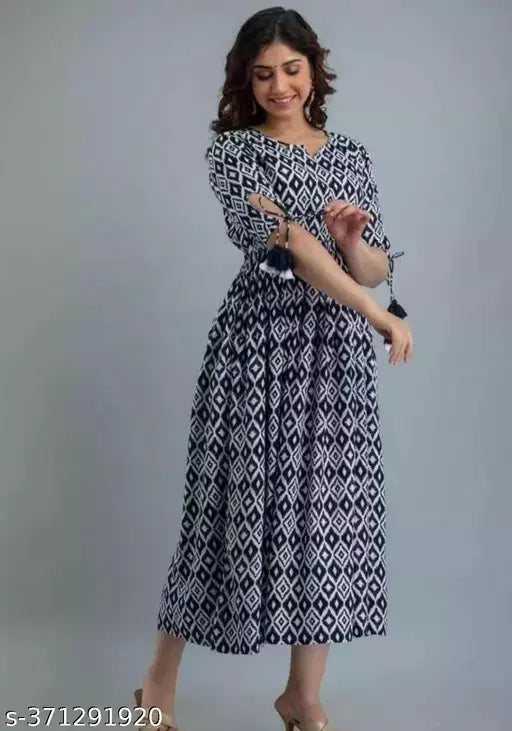 Cotton printed net three-quarter sleeve gown, AGRACIVE Women's fashion dress on hanger, Indian-made women's clothing
