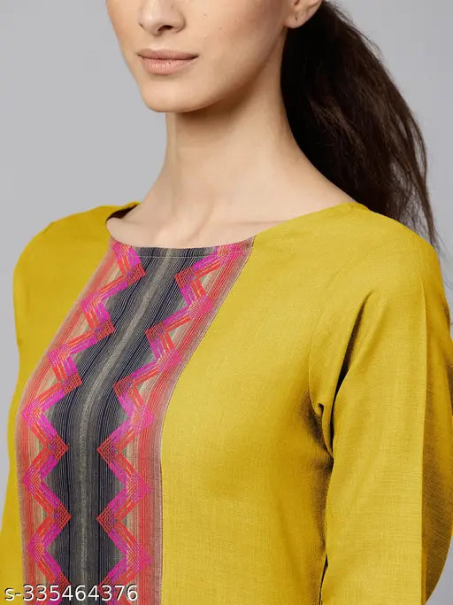 Designer mustard cotton kurti set for women's - single piece with dupatta and bottomwear, three-quarter sleeves, solid pattern. Indian designer fashion wear on display