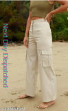 Cream cotton blend cargo pants, high rise with slanted inset pockets and patch flap. Size 26/28/30/32 for casual and formal wear