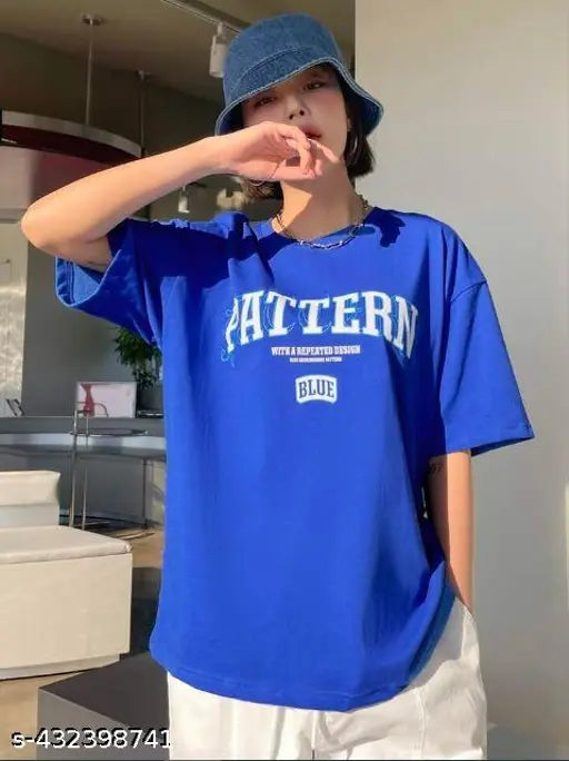 Royal Blue Printed Oversize Cotton Blend Baggy T-shirt for Women, Short Sleeves, Size: M