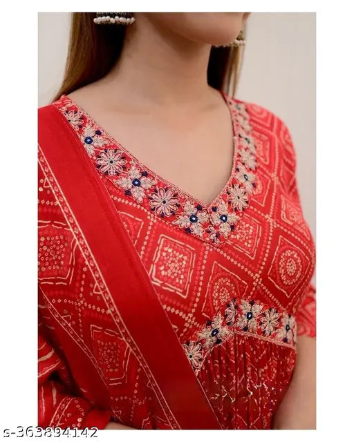 Red viscose rayon Kurta Afgani palazzo set with dupatta and stitched net, beautiful prosen print on Indian fabric