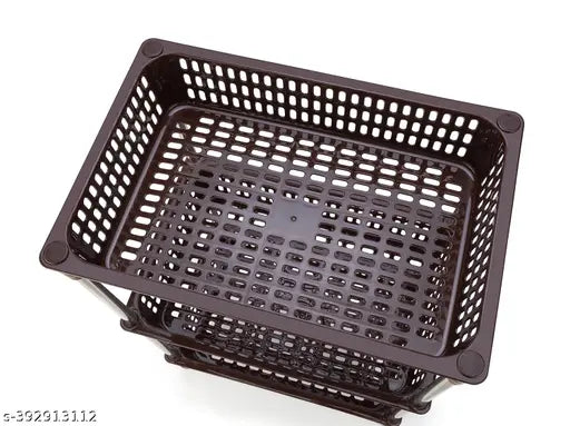 Brown multipurpose plastic kitchen stand rack basket for vegetables, suitable for office use, adjustable shelf height, stackable storage cart with steel pipe utility rolling stand, ideal for cramped spaces