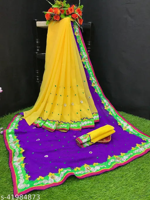 Georgette embellished high sale saree with separate dupion silk blouse, Indian embroidery on display