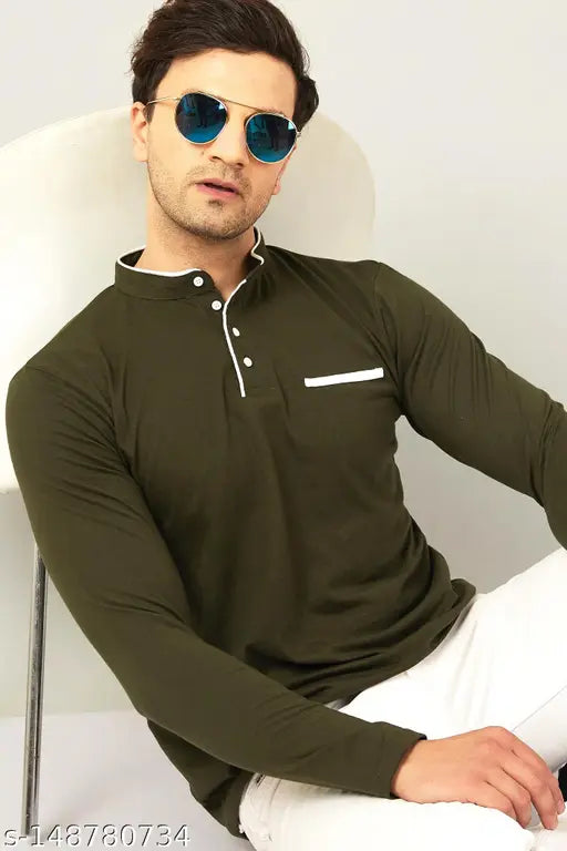 Green cotton blend Henley t-shirts for men, solid design with mandarin collar and long sleeves