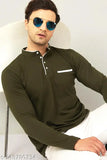 Green cotton blend Henley t-shirts for men, solid design with mandarin collar and long sleeves