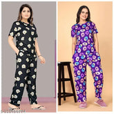 Premium quality printed pyjama set for women, polycotton top and bottom with short sleeves, India origin
