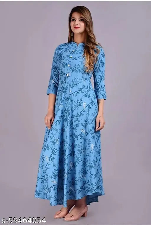 Rayon ethnic Anarkali Kurta, three-quarter sleeves, printed combo. Women's casual, festive, and party wear, breathable and stylish designer Kurta from India