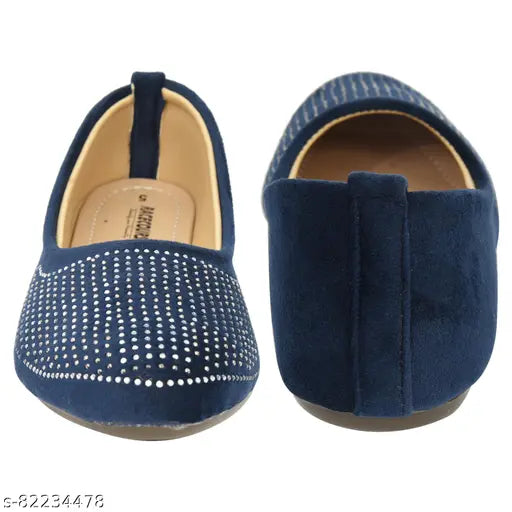 Synthetic blue ballerina flats, slip-on embossed suede shoes for women, India-made belly design in size 128