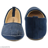 Synthetic blue ballerina flats, slip-on embossed suede shoes for women, India-made belly design in size 128