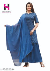 Rayon Smart Lady Dupatta Set: Short-sleeved kurta, flare sharara, solid pattern, stitched net, India origin