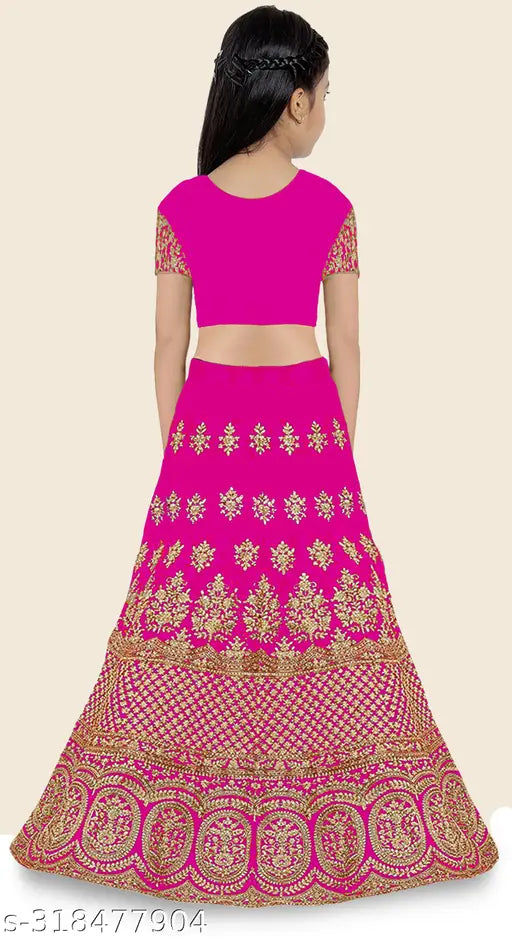 Embroidered silk blend lehenga, choli, and net dupatta set for girls aged 5-14 years, intricate patterns on display