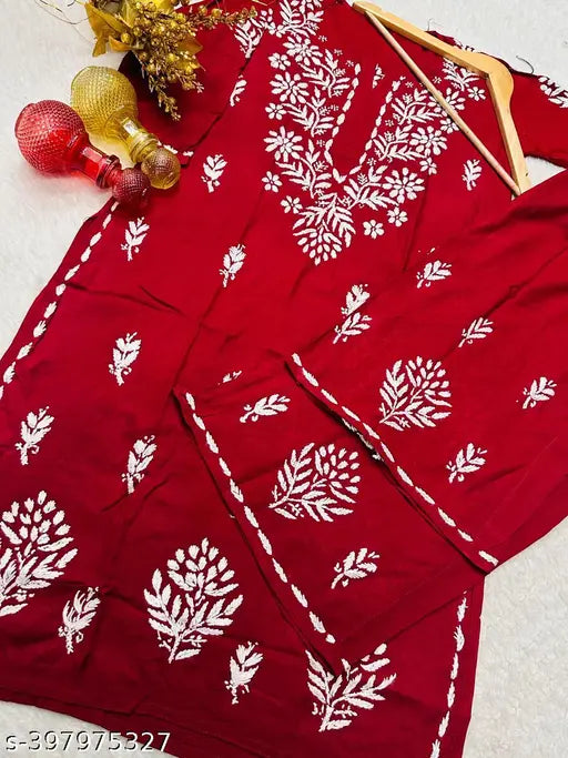 Rayon embroidered kurta with plazoo, three-quarter sleeves, Indian wedding season, rayon chikankari work