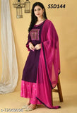 Purple and pink traditional bridal sharara outfit, embroidered Rayon set with dupatta and bottomwear. Women's ethnic bridal attire from India