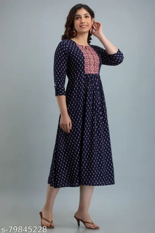 Anita Collection Women's Printed Rayon Anarkali Kurta: Sleeve length - Three-Quarter, Pattern - Printed Combo, Various sizes available from XS to 5XL