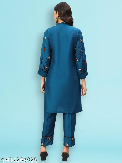 Silk blend ethnic women's coord set, embroidered ankle-length kurta & trouser - stylish Indian wear for all occasions