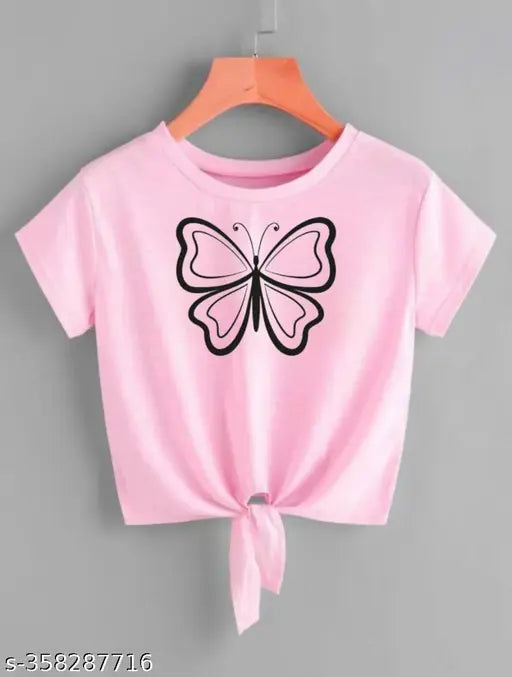 Pink Lycra crop top with butterfly print, short sleeves, women's fashion accessory