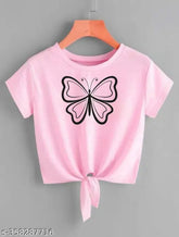 Pink Lycra crop top with butterfly print, short sleeves, women's fashion accessory