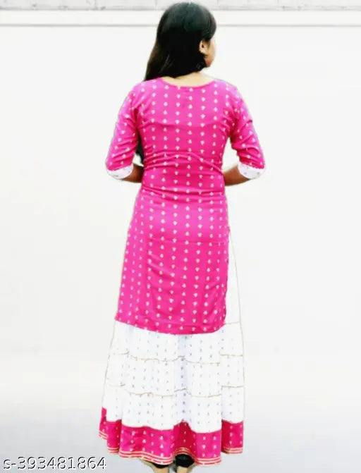 Unique cotton blend printed net kurti set for girls aged 7-14 years, three-quarter sleeves fashion on hanger