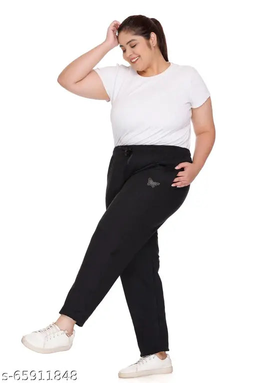 Black cotton fleece track pants, plus size 3XL/4XL/5XL for women - ideal for winter sports, yoga, gym, or lounge wear