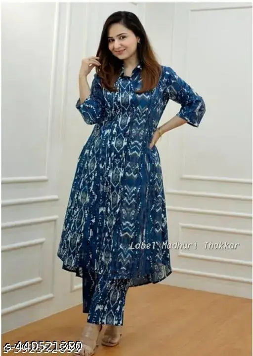 Dull blue print rayon kurta set with palazzo bottoms, printed pattern on display
