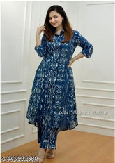 Dull blue print rayon kurta set with palazzo bottoms, printed pattern on display