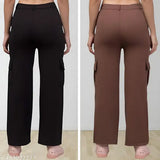 High-waisted cotton lycra cargo pants, pack of 2 in black and brown for women and girls - versatile, durable, and stylish with multiple side pockets