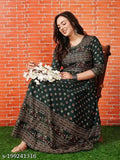 Dark green printed cotton rayon Anarkali Kurta by Gomti Creations for casual everyday looks and events, suitable for office or parties