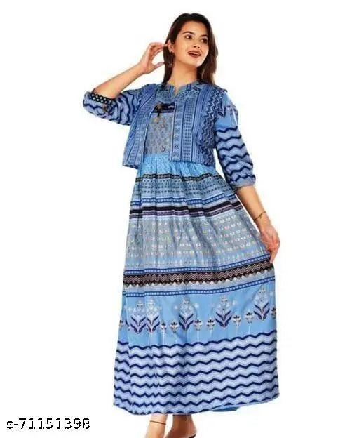 Plus size rayon slub anarkali kurti with jacket, printed combo, long style for women, India-origin