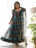 Blue Georgette Anarkali Dress with Dupatta, Indian printed fashion Western dress for ladies