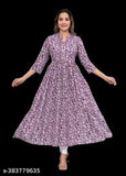 Rayon Anarkali Jaipur Kurti set with palazzos, vibrant printed design, three-quarter sleeves, available in sizes S to XXXL
