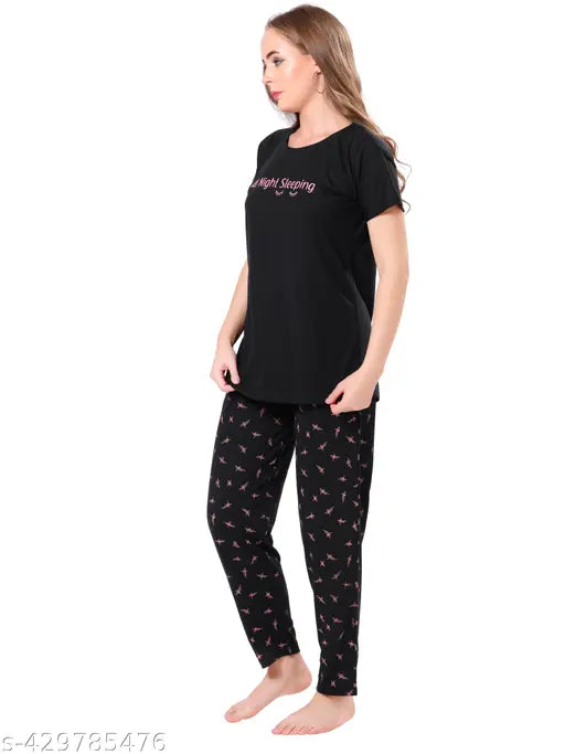 Black printed hosiery cotton night suit, short-sleeved women's pyjama set for comfortable sleepwear