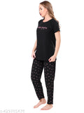 Black printed hosiery cotton night suit, short-sleeved women's pyjama set for comfortable sleepwear